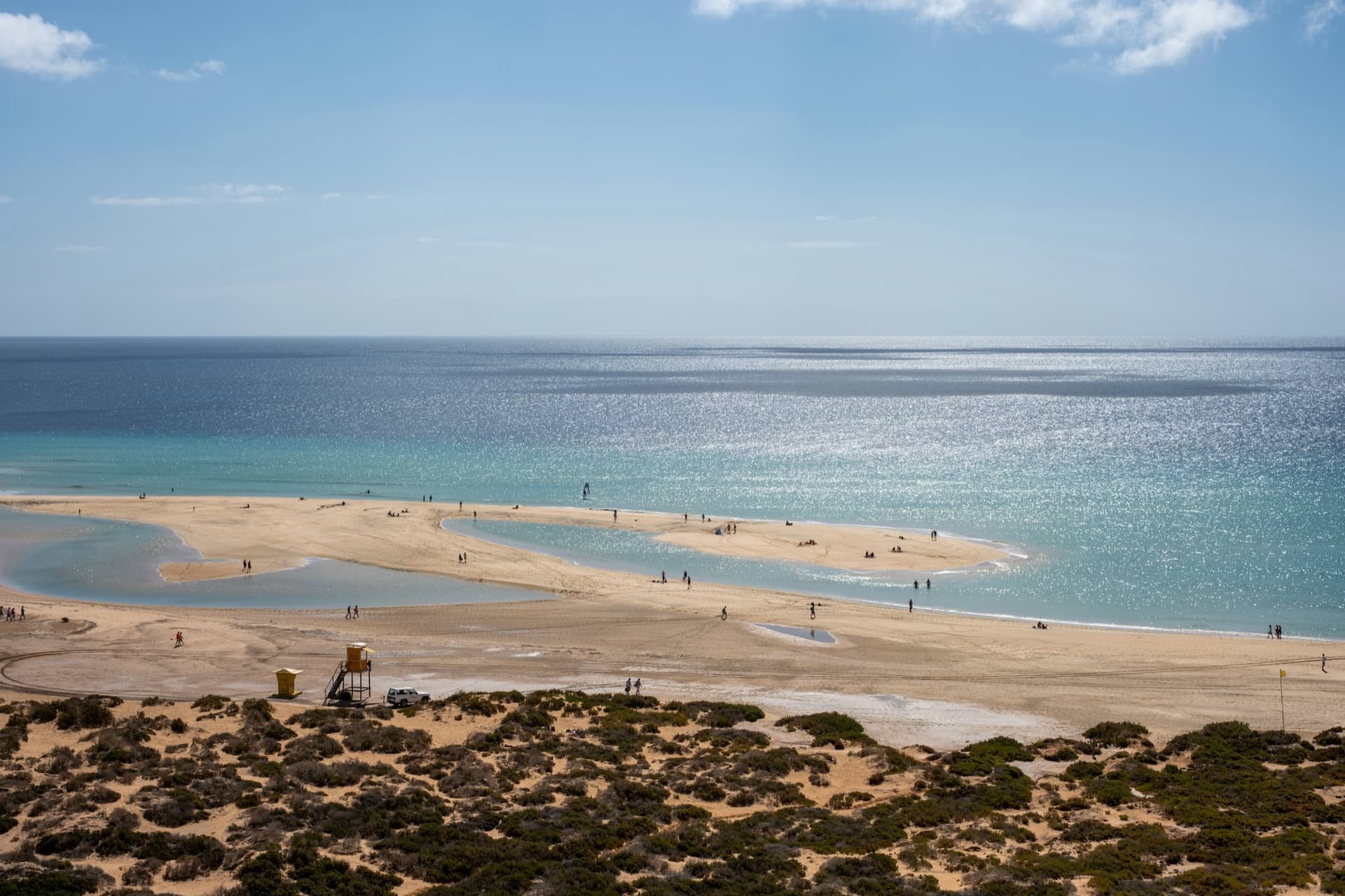 The shallow turquoise Sotavento lagoon and its sandbar on the southeast coast of Fuerteventura